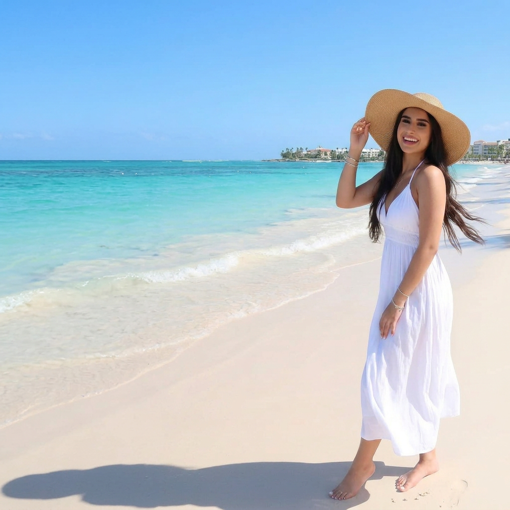 Mujer con vestido blanco y sombrero en la playa de Punta Cana