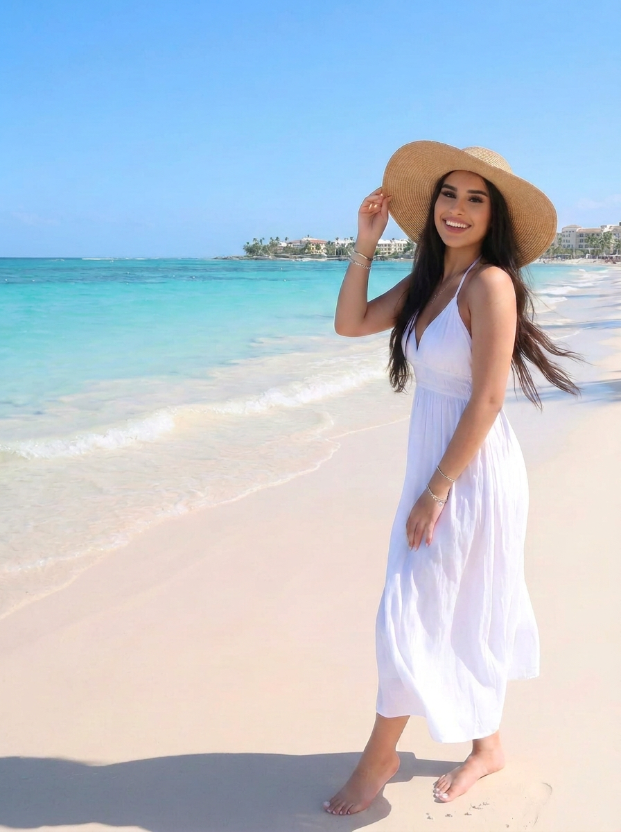 Mujer con vestido blanco y sombrero en la playa de Punta Cana